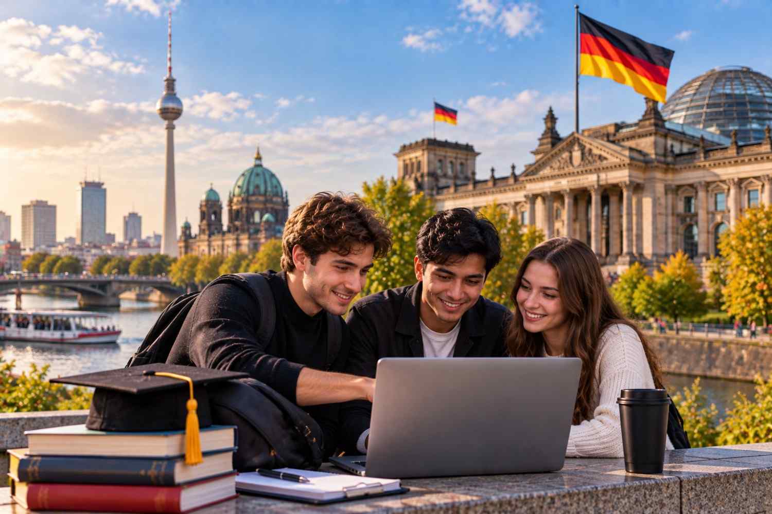 International students studying together with a laptop and books in front of German landmarks, university-style architecture, the Berlin skyline, and German flags, representing top MBA colleges in Germany.